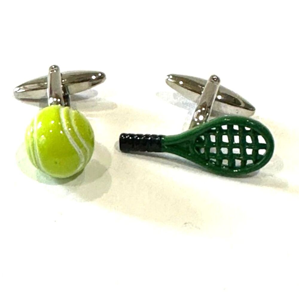 Tennis Ball & Racket Cufflinks — Color Enamel — Mismatched Set